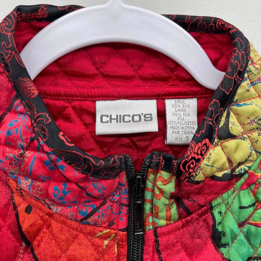 Chico's Red Silk Quilted Asian Taiwanese Chinese Lantern Art‎ Jacket - Picture 3 of 4